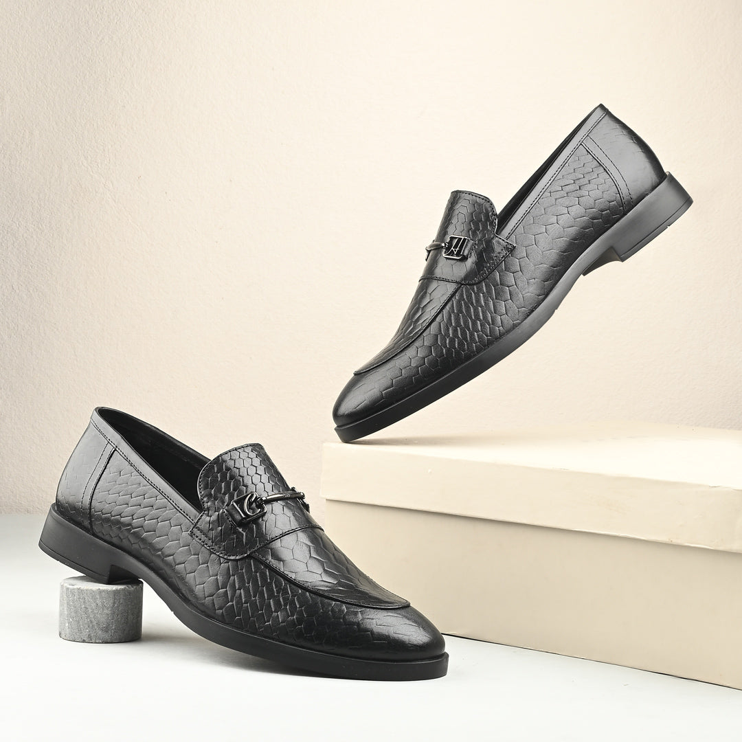 Black Crust Printed Leather Loafer for Men