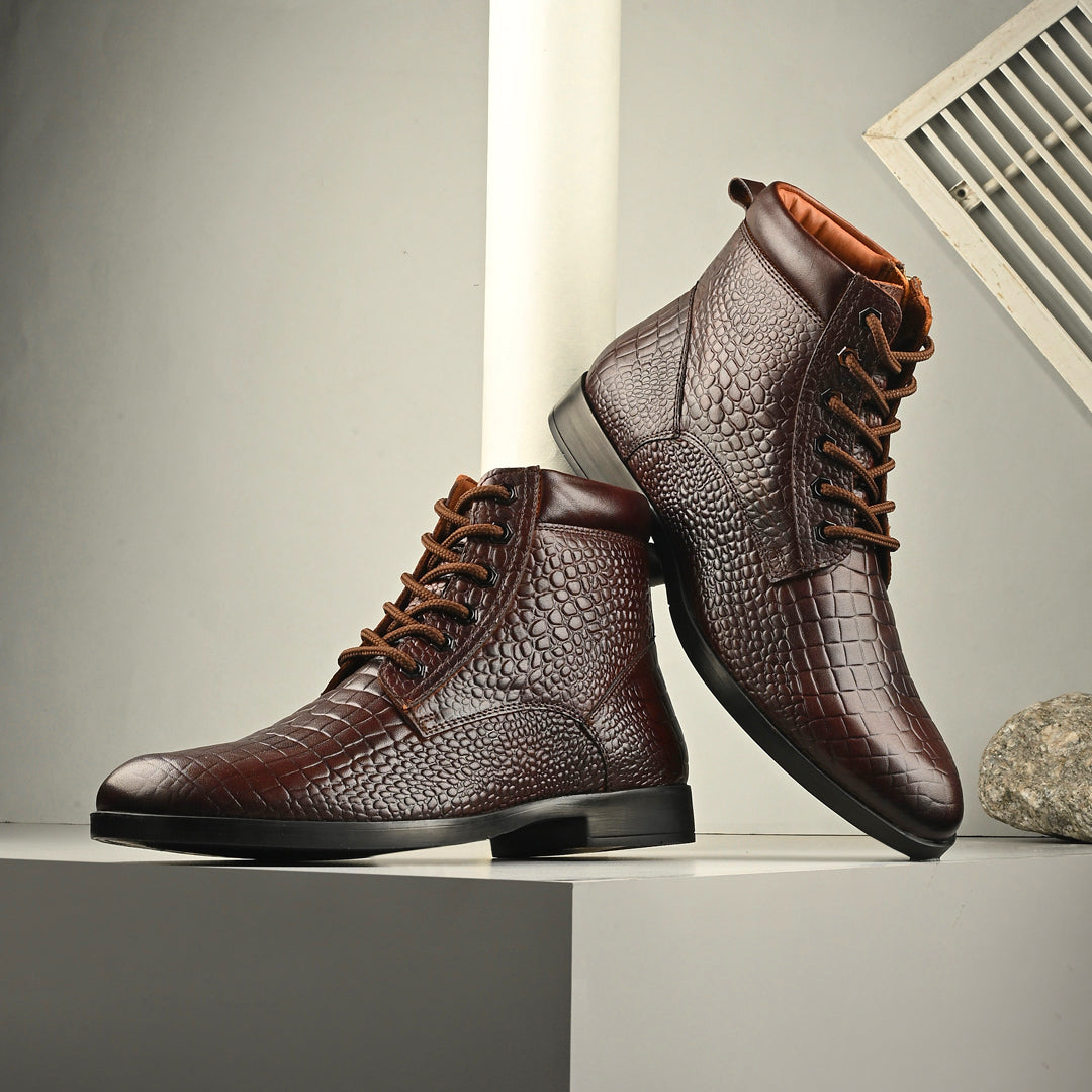 Brown Crocodile Leather Men's Ankle Boots