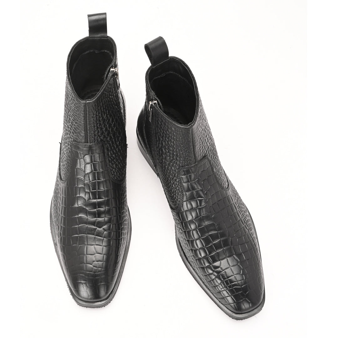 Luxury Black Crocodile Print Leather Chelsea Boots