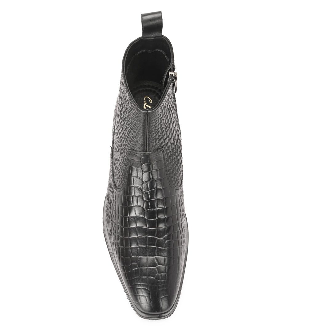 Luxury Black Crocodile Print Leather Chelsea Boots