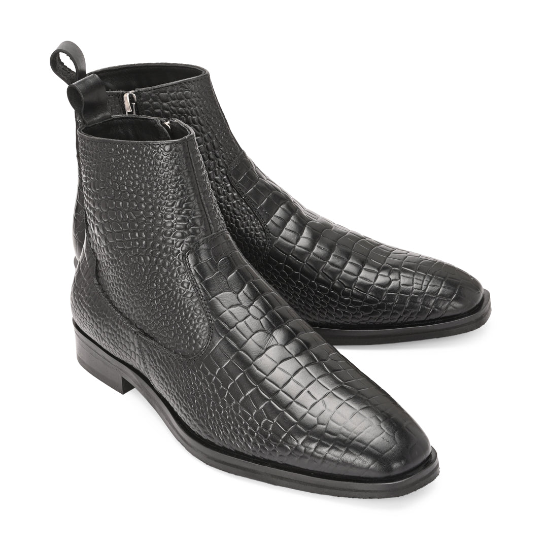 Luxury Black Crocodile Print Leather Chelsea Boots