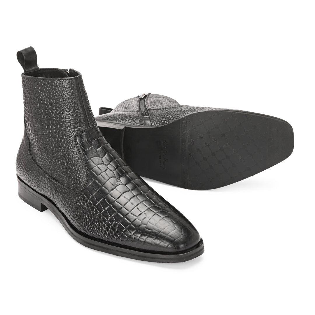 Luxury Black Crocodile Print Leather Chelsea Boots
