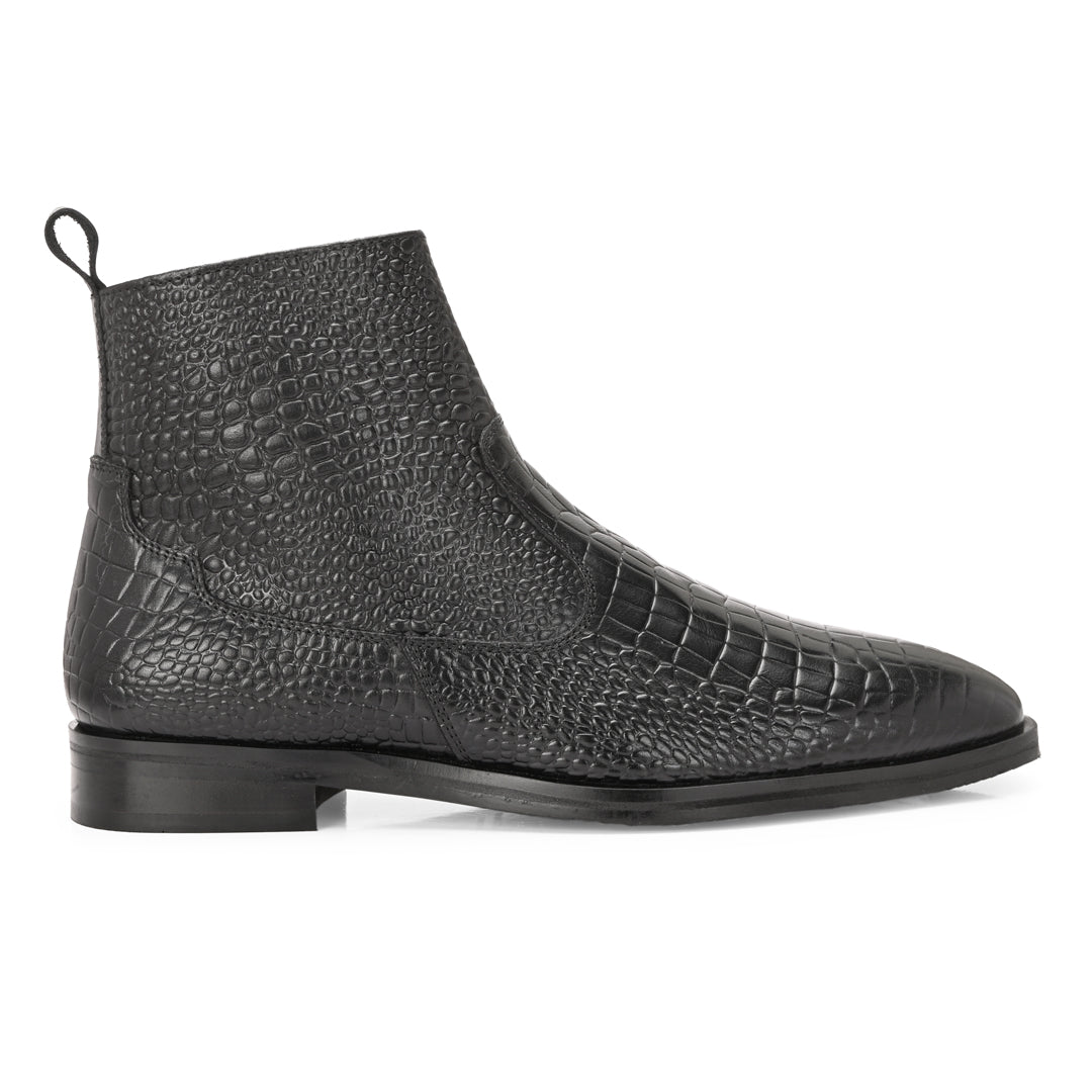 Luxury Black Crocodile Print Leather Chelsea Boots
