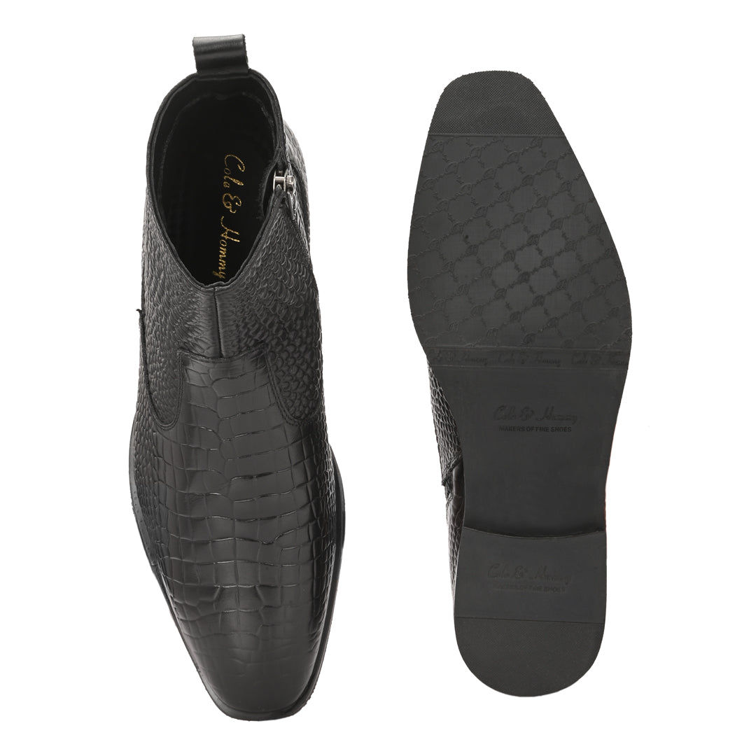 Luxury Black Crocodile Print Leather Chelsea Boots