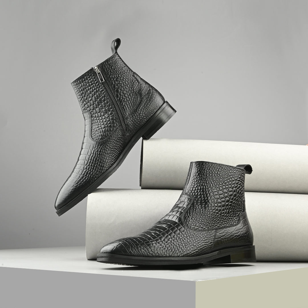 Luxury Black Crocodile Print Leather Chelsea Boots