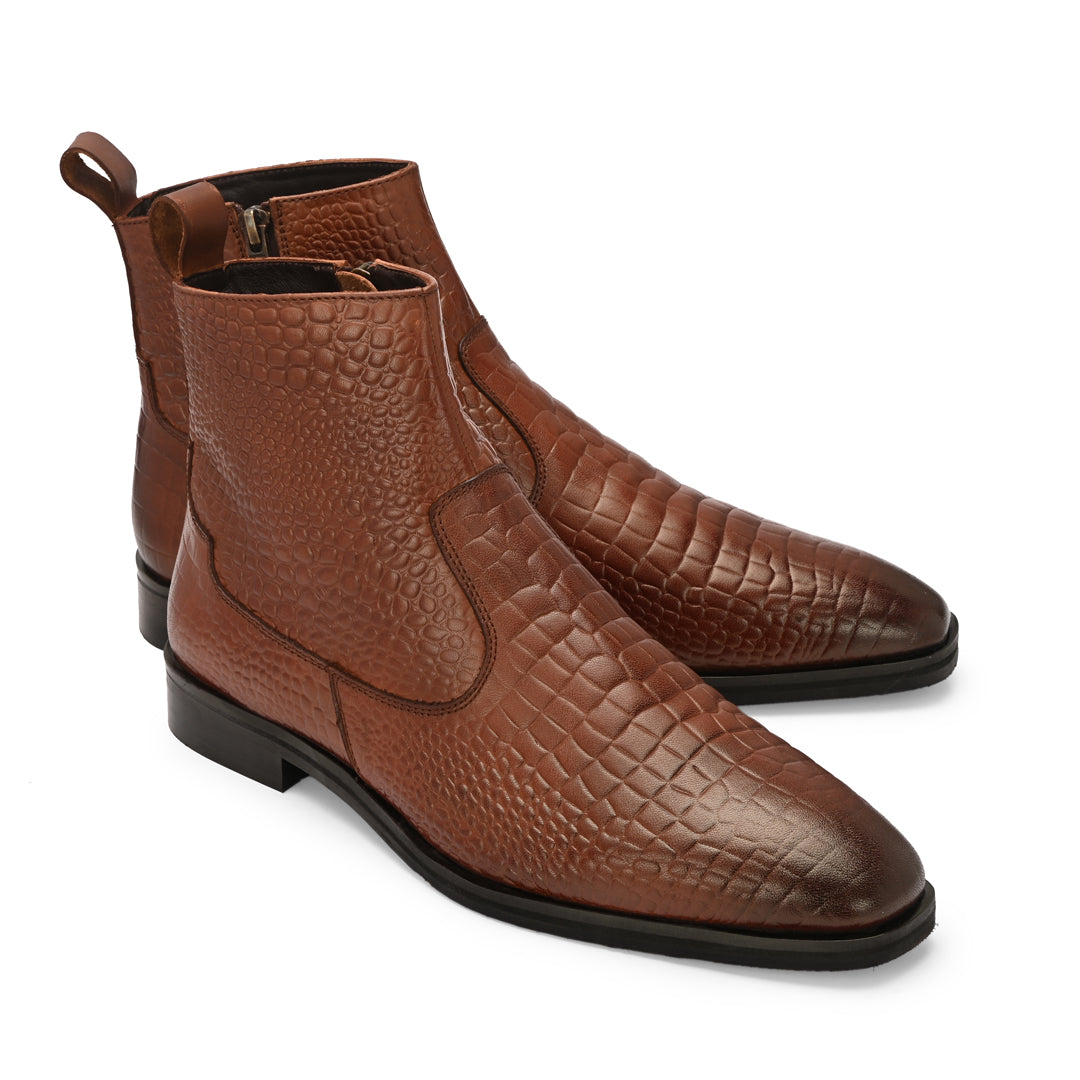 Tan Crust Crocodile Print Leather Chelsea Boots With Handmade Sole