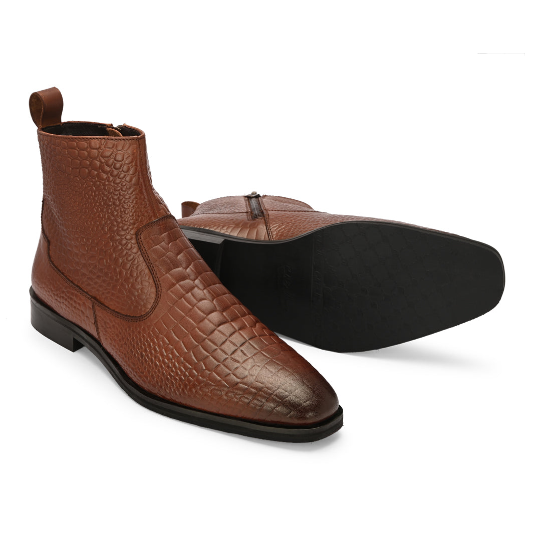 Tan Crust Crocodile Print Leather Chelsea Boots With Handmade Sole