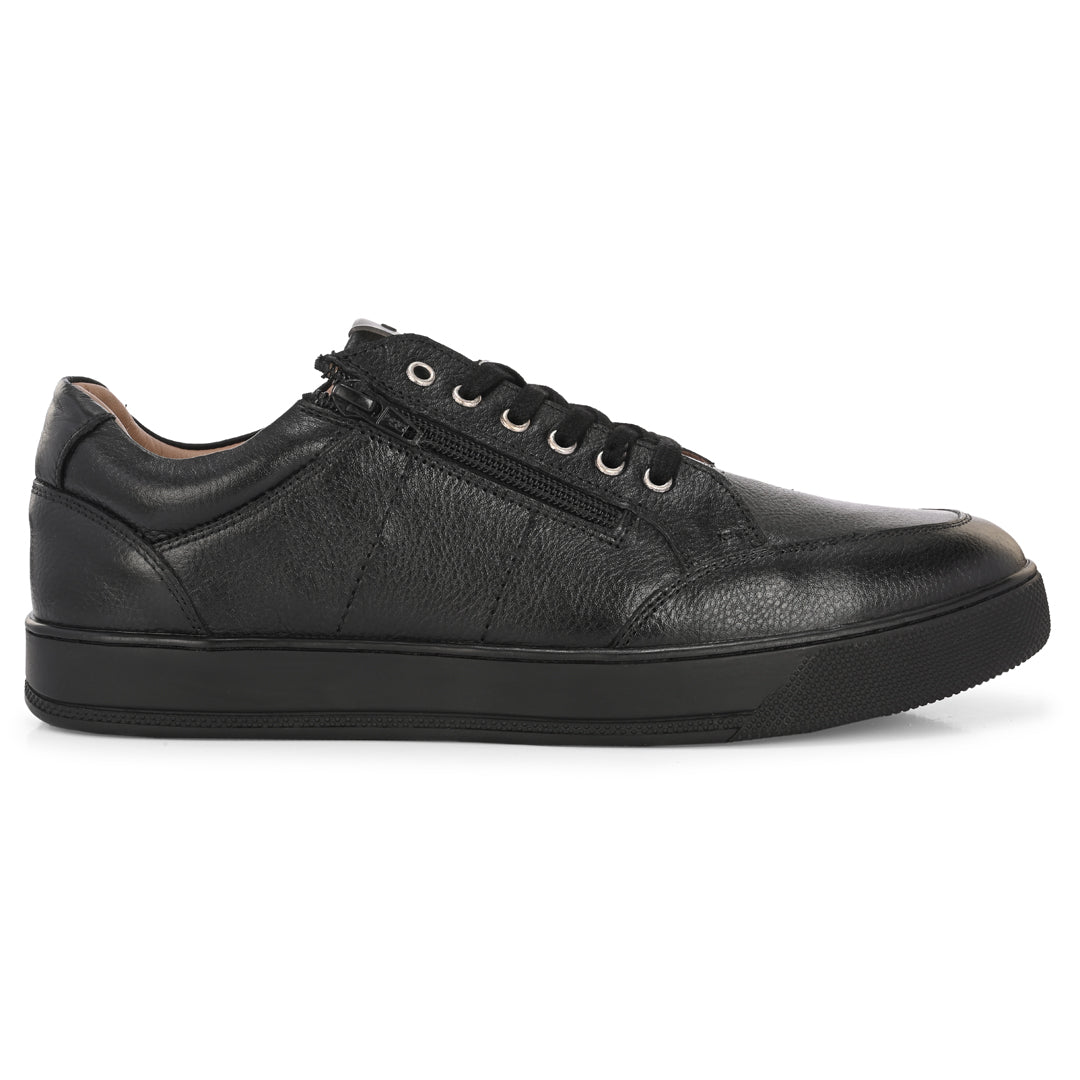Men's Black Leather Casual Sneakers with Side Zipper and Lace-Up Design