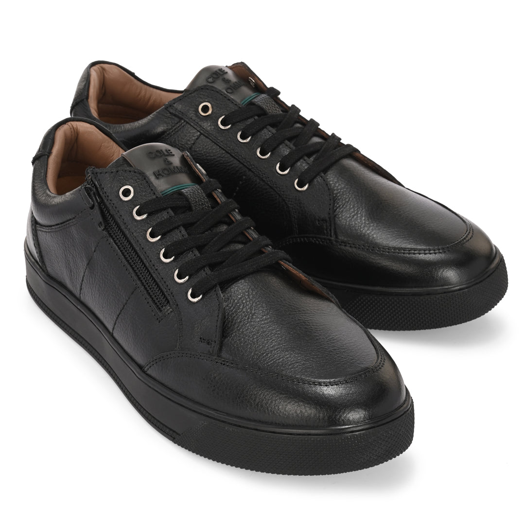 Men's Black Leather Casual Sneakers with Side Zipper and Lace-Up Design