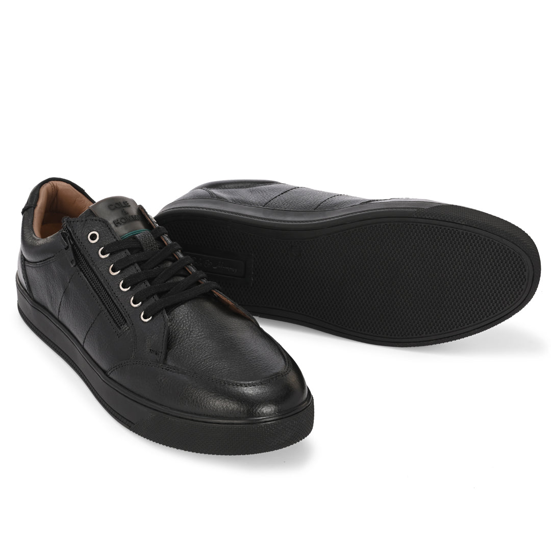Men's Black Leather Casual Sneakers with Side Zipper and Lace-Up Design