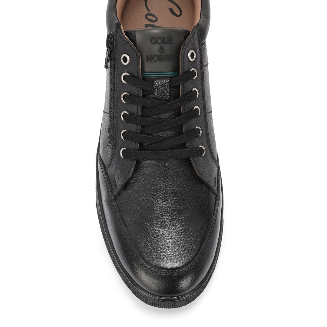 Men's Black Leather Casual Sneakers with Side Zipper and Lace-Up Design