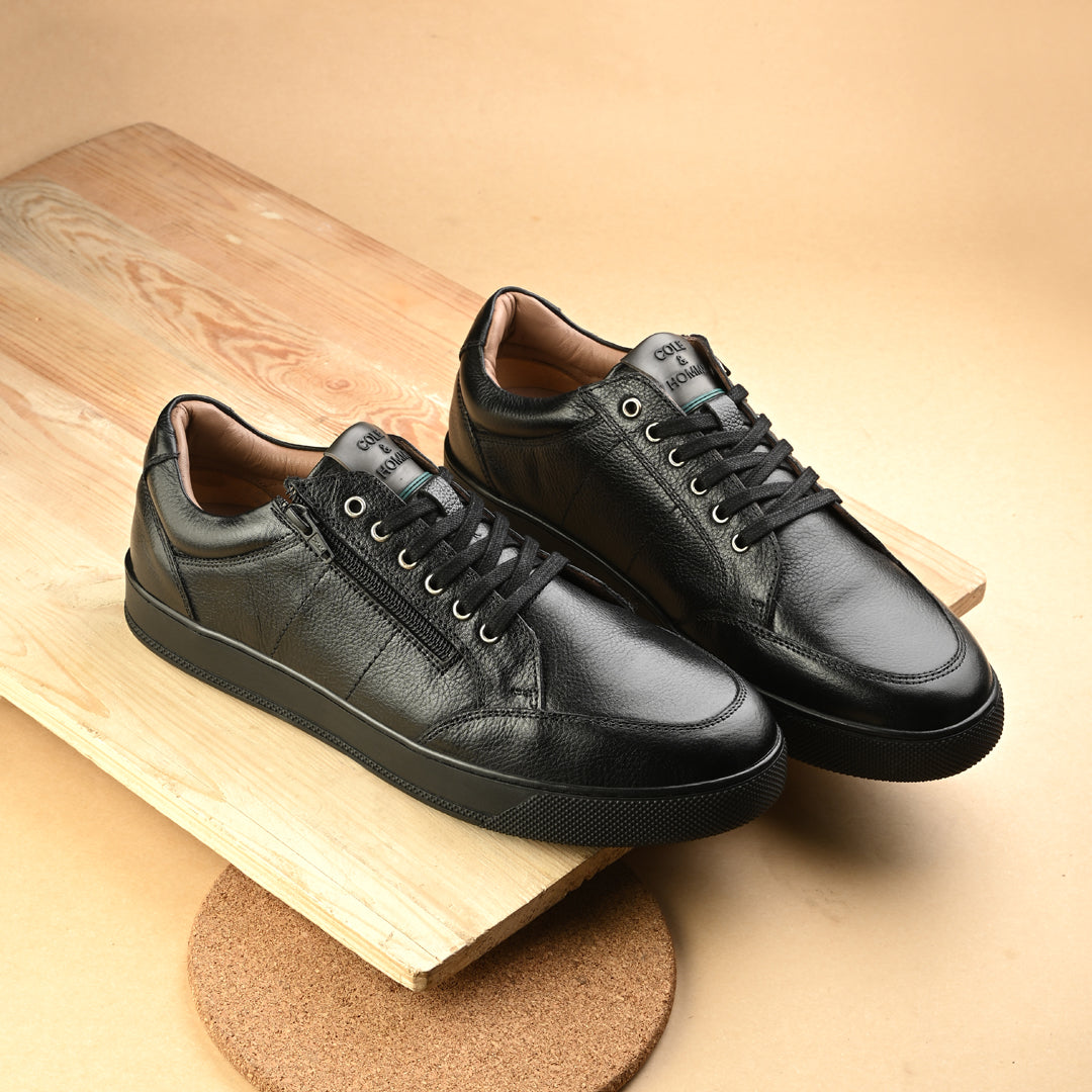 Men's Black Leather Casual Sneakers with Side Zipper and Lace-Up Design