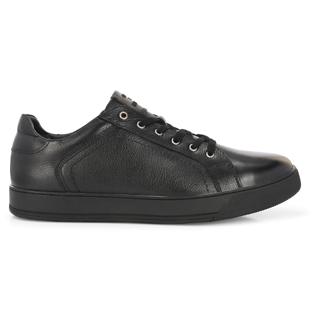 Men's Black Leather Casual Sneakers with Lace-Up Design
