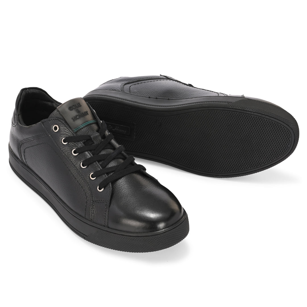 Men's Black Leather Casual Sneakers with Lace-Up Design
