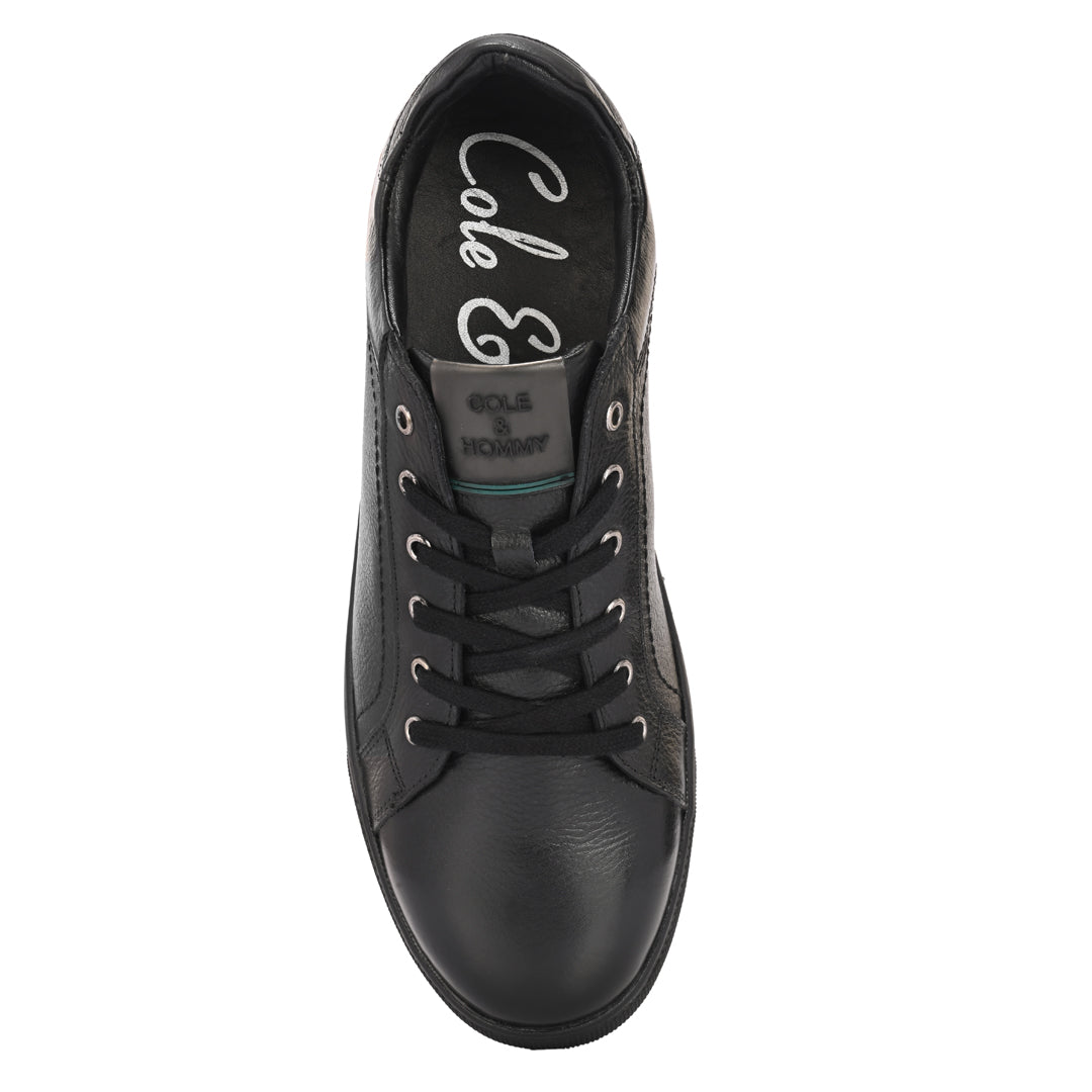 Men's Black Leather Casual Sneakers with Lace-Up Design