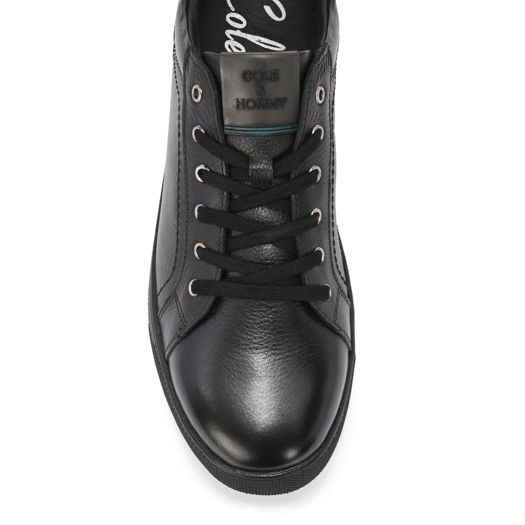Men's Black Leather Casual Sneakers with Lace-Up Design