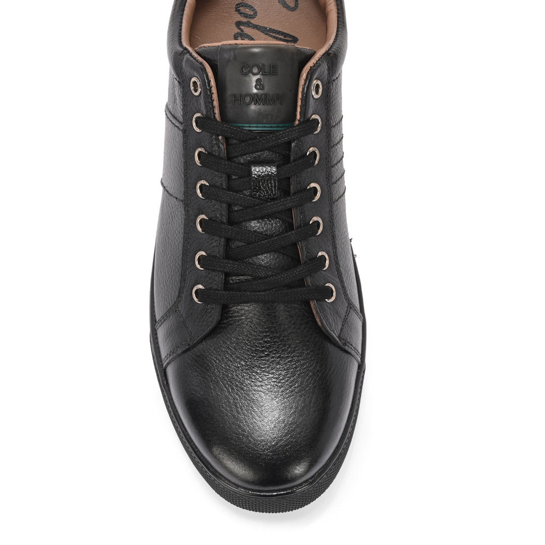 Sleek Black Leather Lace-Up Sneakers for Men