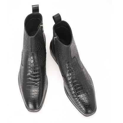 Luxury Black Crocodile Print Leather Chelsea Boots