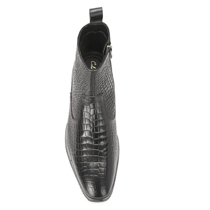 Luxury Black Crocodile Print Leather Chelsea Boots