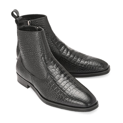 Luxury Black Crocodile Print Leather Chelsea Boots