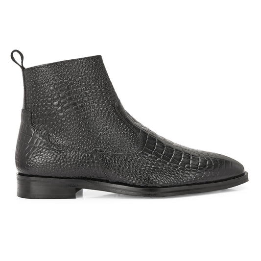 Luxury Black Crocodile Print Leather Chelsea Boots