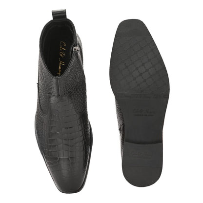 Luxury Black Crocodile Print Leather Chelsea Boots