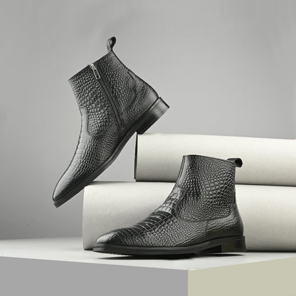 Luxury Black Crocodile Print Leather Chelsea Boots