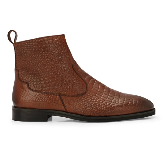 Tan Crust Crocodile Print Leather Chelsea Boots With Handmade Sole
