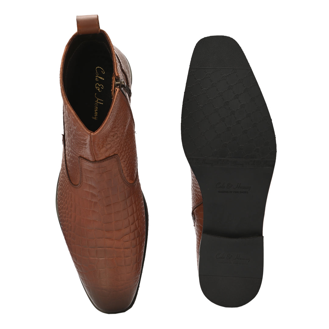 Tan Crust Crocodile Print Leather Chelsea Boots With Handmade Sole