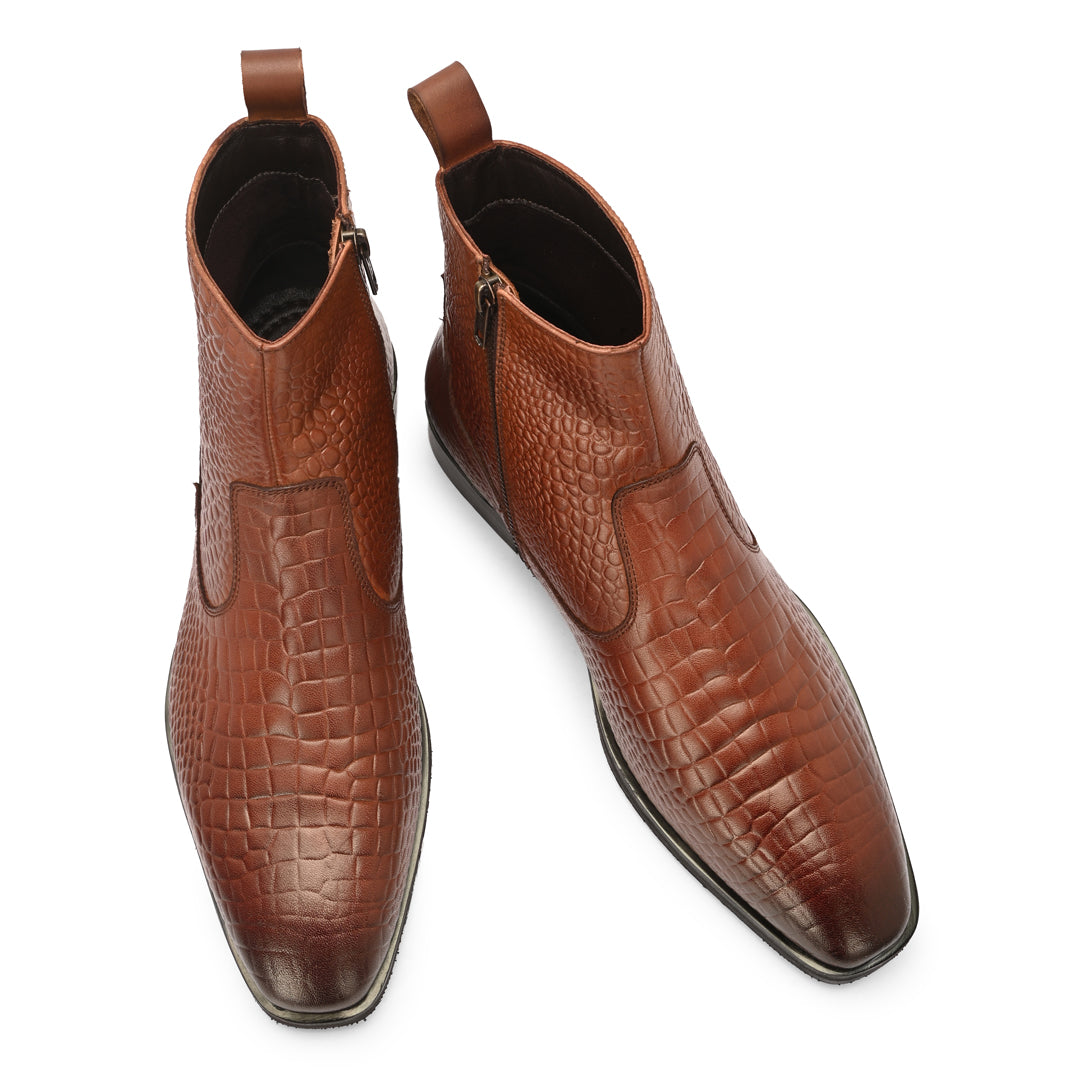 Tan Crust Crocodile Print Leather Chelsea Boots With Handmade Sole