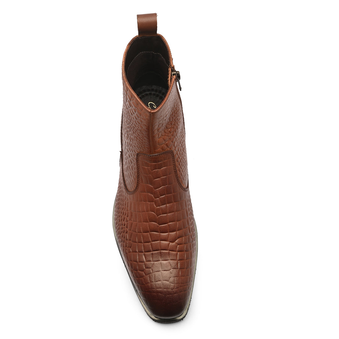 Tan Crust Crocodile Print Leather Chelsea Boots With Handmade Sole
