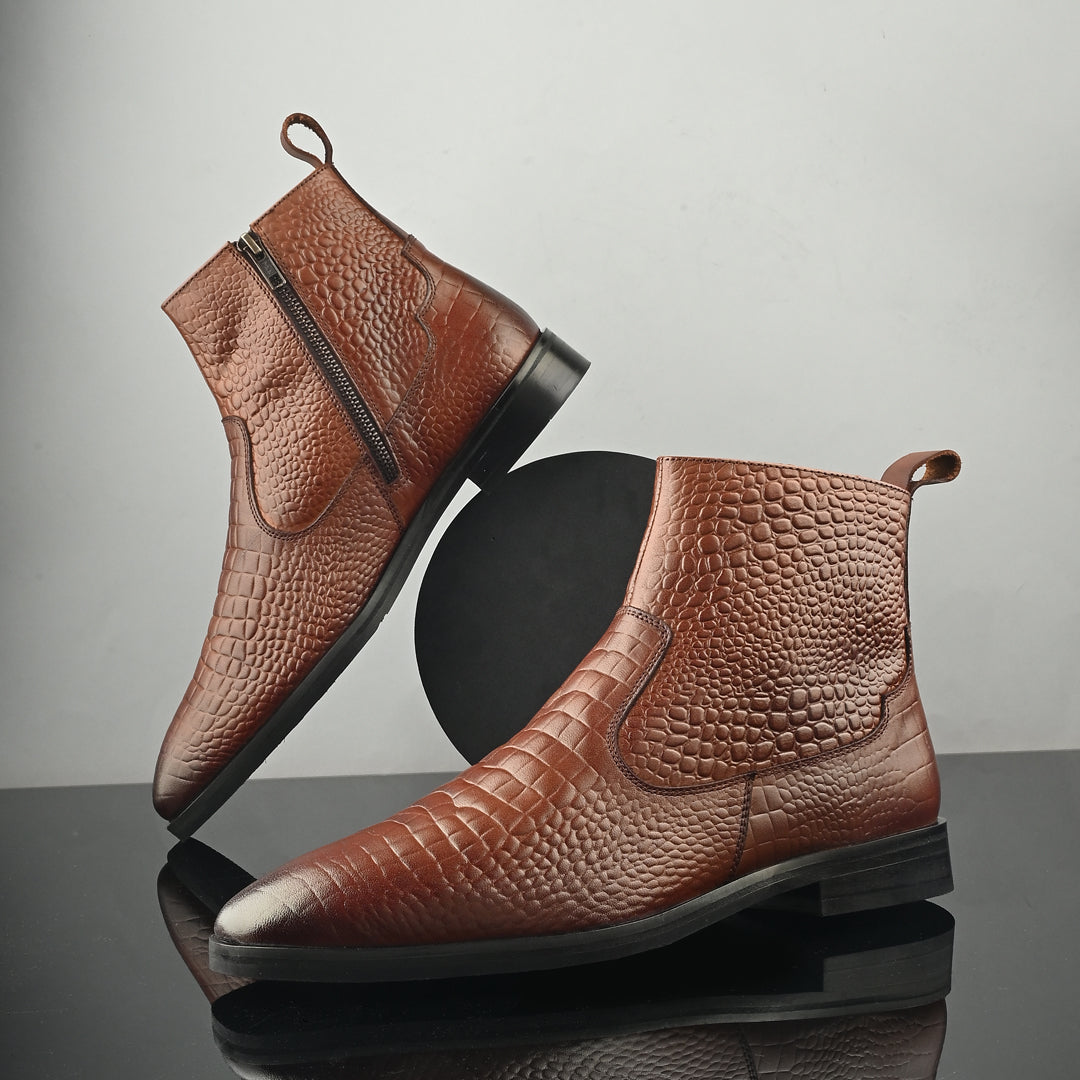 Tan Crust Crocodile Print Leather Chelsea Boots With Handmade Sole