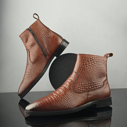 Tan Crust Crocodile Print Leather Chelsea Boots With Handmade Sole