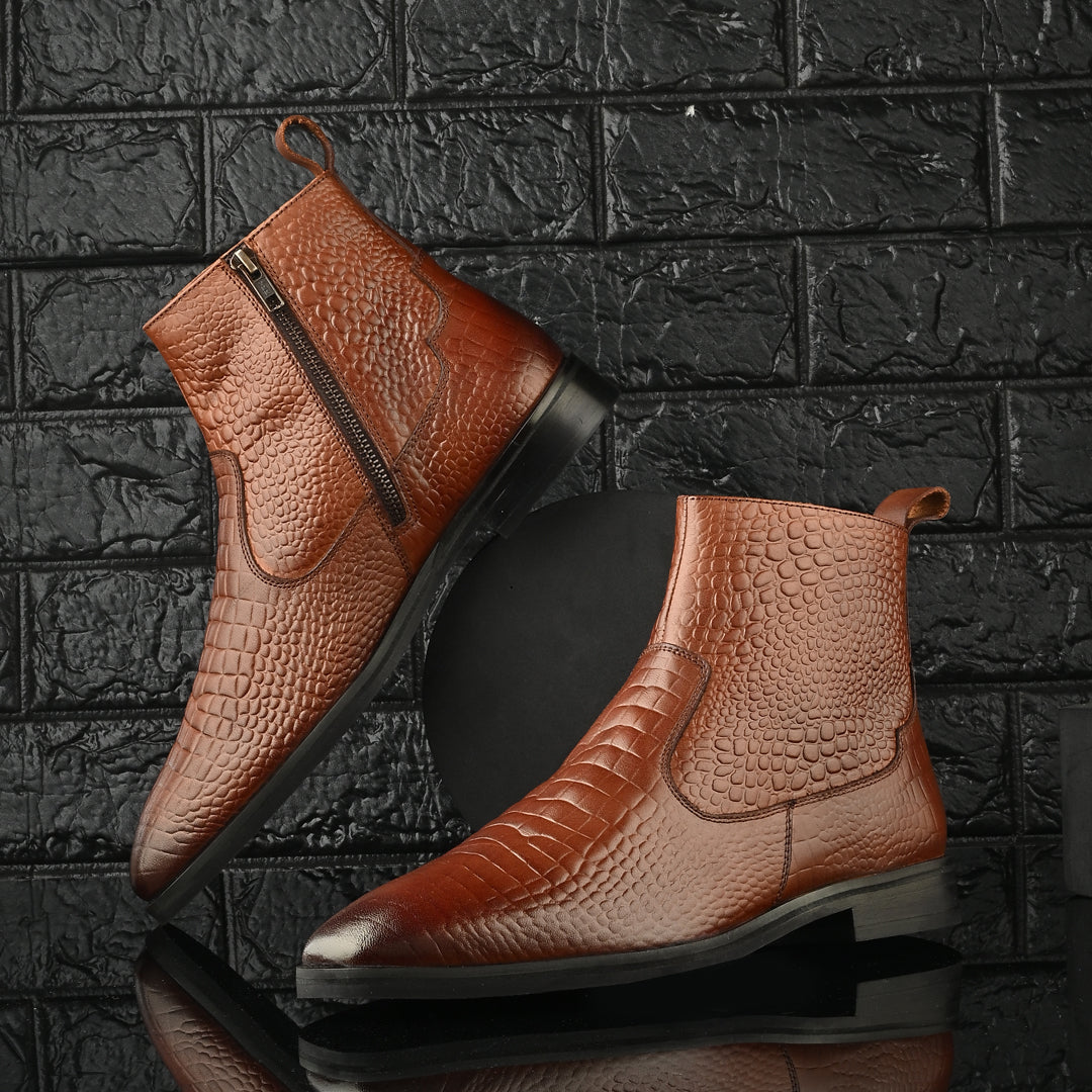 Tan Crust Crocodile Print Leather Chelsea Boots With Handmade Sole