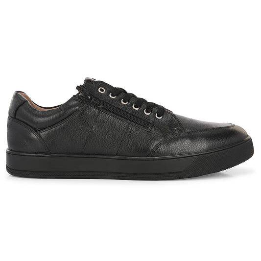 Men's Black Leather Casual Sneakers with Side Zipper and Lace-Up Design