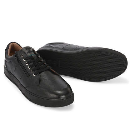 Men's Black Leather Casual Sneakers with Side Zipper and Lace-Up Design