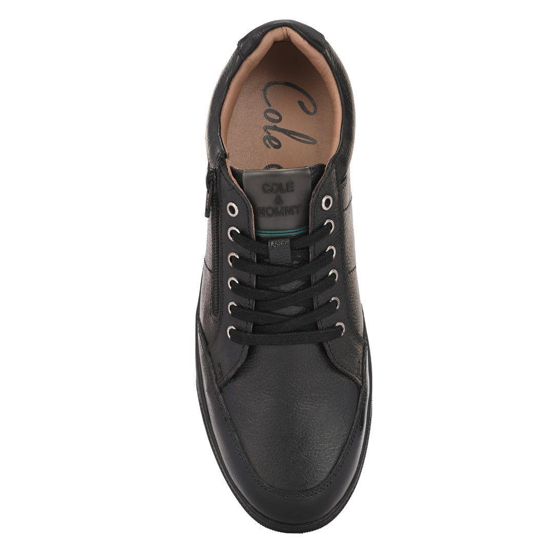 Men's Black Leather Casual Sneakers with Side Zipper and Lace-Up Design