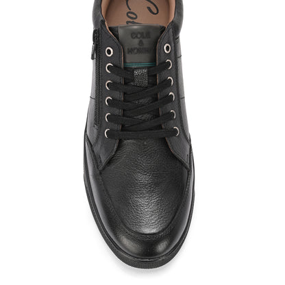 Men's Black Leather Casual Sneakers with Side Zipper and Lace-Up Design