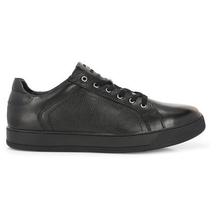 Men's Black Leather Casual Sneakers with Lace-Up Design
