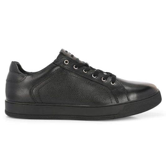 Men's Black Leather Casual Sneakers with Lace-Up Design