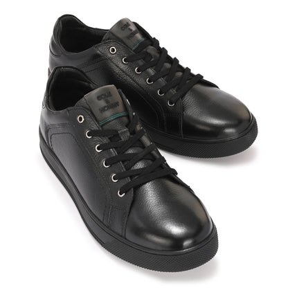 Men's Black Leather Casual Sneakers with Lace-Up Design