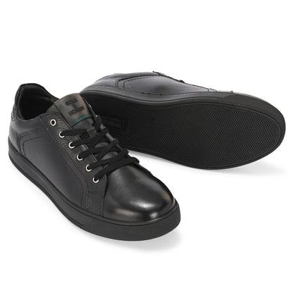 Men's Black Leather Casual Sneakers with Lace-Up Design