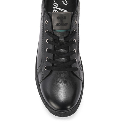 Men's Black Leather Casual Sneakers with Lace-Up Design