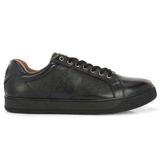 Sleek Black Leather Lace-Up Sneakers for Men
