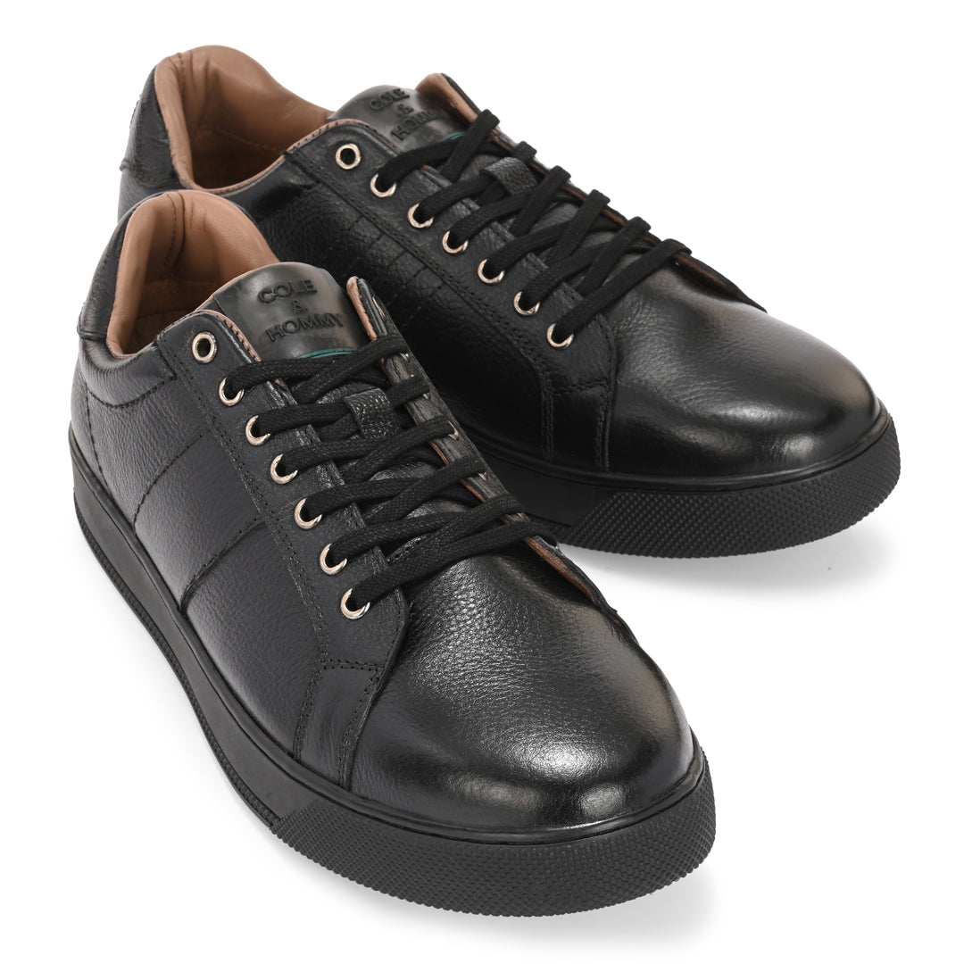 Sleek Black Leather Lace-Up Sneakers for Men