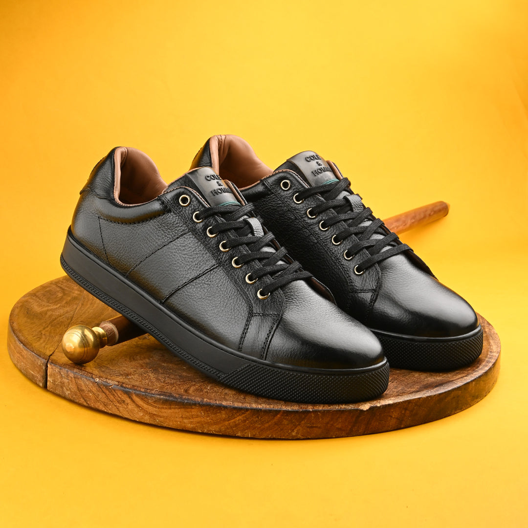 Sleek Black Leather Lace-Up Sneakers for Men